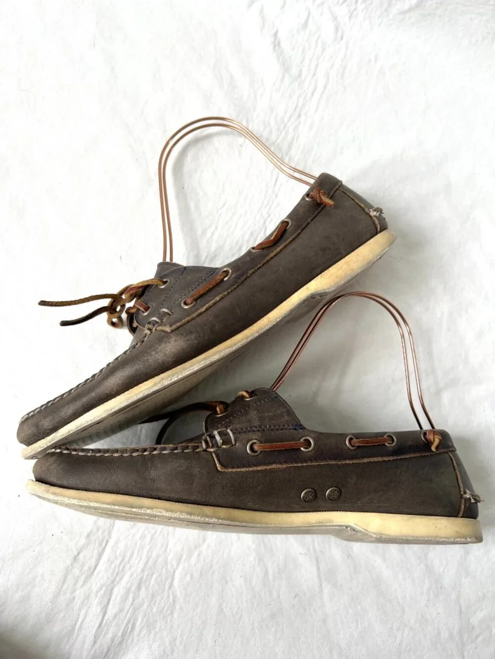 Ralph Lauren boat shoes taupe gray brown leather mens 11 D moc toe deck loafer